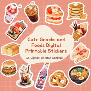 Cute Snacks Foods Digital Stickers, Printable PNG Files, Yummy Desserts, Drinks, Sushi, Instant Download | Planner & Scrapbooking Stickers