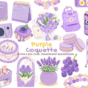 May include: A collection of purple-themed digital illustrations, including a mini-fridge, microwave, calendar, cake, bouquet, backpack, soda can, macarons, and a decorative cart. The text "Purple Coquette" is displayed with the phrase "50 PNG & SVG FILES, TRANSPARENT BACKGROUND".