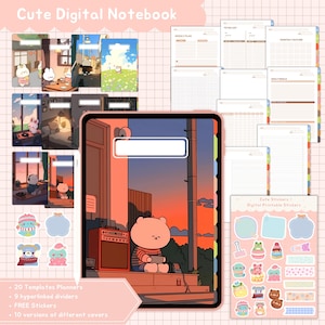 Kawaii Digital Notebook for iPad & Goodnotes | Planner Templates, 10 Covers, Hyperlinked Tabs, Free Digital Stickers | Cute Digital Journal
