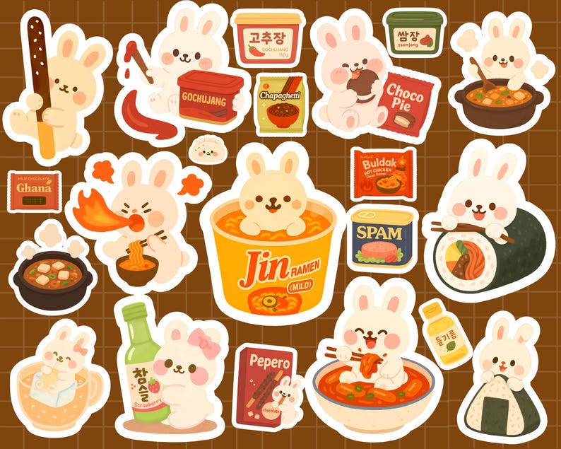 Kawaii Korean Snacks Bunny Digital Stickers Cute Food Clipart Stickers for Goodnotes Notability iPad Planner, Printable PNG Digital Stickers image 2