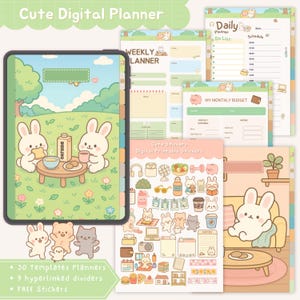 Op de afbeelding: Een digitale planner met een schattig konijnenthema. De planner bevat sjablonen, verdelers en stickers. De omslag toont konijnen die picknicken. De planner bevat ook dagelijkse, wekelijkse en budgetplanningspagina's. De tekst op de afbeelding zegt "Cute Digital Planner".
