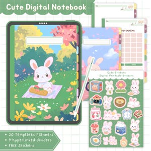 Cute Digital Notebook, Digital Notebook with tabs, Digital Notebook Goodnotes, Cute Digital Planner, Cute Digital Stickers, Kawaii Notebook