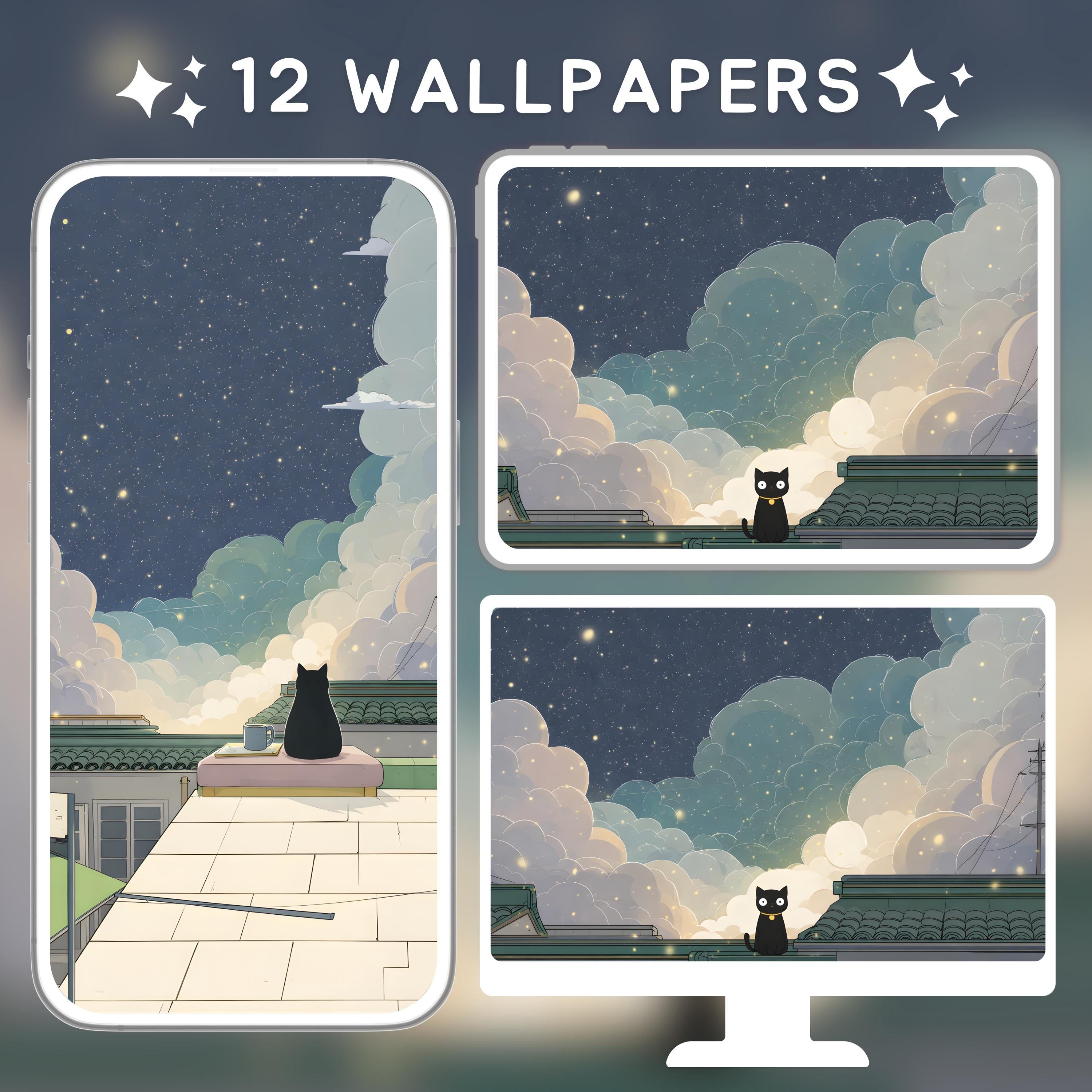 Cozy Black Cat Wallpaper Set | Green Aesthetic Cottagecore Art | Kawaii ...