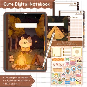 Cute Digital Notebook for GoodNotes, Kawaii Campfire Theme Planner with Hyperlinked Tabs Free Stickers Aesthetic Digital Planner for iPad