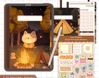 May include: A digital notebook with a cute illustration of a cat sitting by a campfire in a forest. The notebook includes 20 templates, 9 hyperlinked dividers, and free stickers. The stickers feature cute animals, hearts, and other designs.
