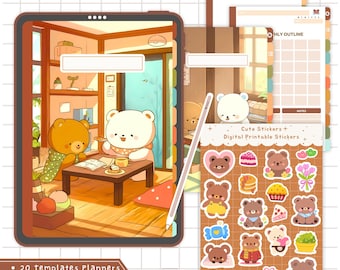 Kawaii Bear digitaal notitieboek Gezellige esthetische digitale planner met tabbladen met hyperlinks en schattige digitale stickers GoodNotes iPad-planner