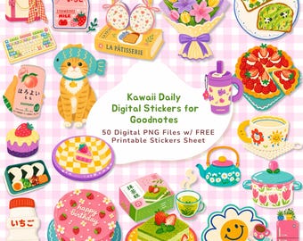 Lot d'autocollants numériques Kawaii Goodnotes au format PNG, autocollants mignons pour agenda quotidien, autocollants pastel à imprimer, autocollants confortables pour journal intime Notability