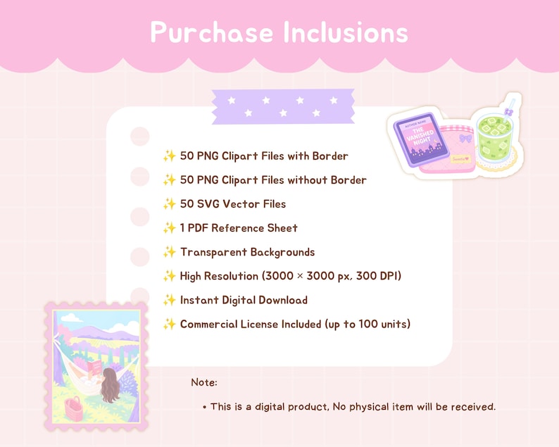 This book aesthetic clipart collection combines cozy reading themes with dreamy pastel colors. Featuring study aesthetic png, cozy aesthetic png, and a charming girly clipart bundle, these illustrations are ideal for planners and journals. The soft pink pastel clipart and purple aesthetic png artwork creates a warm and inviting look. Use these kawaii planner stickers, digital sticker bundle files, and scrapbook clipart for creative projects.
