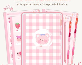 Cute Pink Digital Notebook | Kawaii | GoodNotes | Notability | Hyperlinked Planner | Journal | Ipad Planner | Digital Notebook | Bear Notes