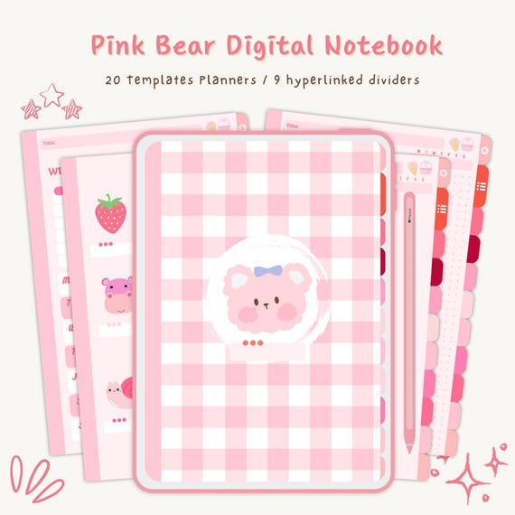 Cute Pink Digital Notebook | Kawaii | GoodNotes | Notability | Hyperlinked Planner | Journal | Ipad Planner | Digital Notebook | Bear Notes