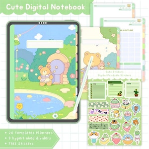 Cute Digital Notebook, Digital Notebook with tabs, Digital Notebook Goodnotes, Cute Digital Planner, Cute Digital Stickers, Kawaii Notebook