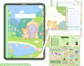Niedliches digitales Notizbuch, digitales Notizbuch mit Tabs, digitales Notizbuch Goodnotes, niedlicher digitaler Planer, süße digitale Aufkleber, Kawaii Notizbuch
