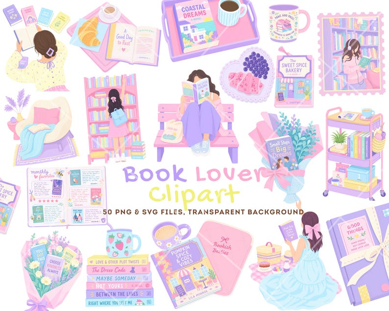 This adorable book lover clipart collection is perfect for readers and creators who love cozy literary themes. Featuring reading girl clipart, charming bookish clipart, dreamy booktok clipart, and cute library clipart, this bundle captures the joy of reading. Use these cozy reader png illustrations for planners, journals, stickers, and digital products. The soft pastel style makes these reading aesthetic png designs ideal for a book sticker bundle or any reader-inspired project.
