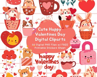 Cute Happy Valentine’s Day Digital Cliparts | Kawaii Animals, Hearts, and Love-Themed Clipart for Crafts, Planners, and Stickers | PNG Files