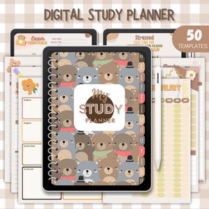 May include: Digital study planner with 50 templates featuring a cute bear design. The planner includes a timetable, checklist, and other pages for organizing studies.