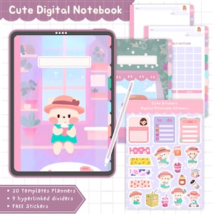 Cute Digital Notebook Kawaii Planner with Hyperlinked Dividers & Free Stickers, Aesthetic GoodNotes Journal, Digital Planner for iPad Tablet