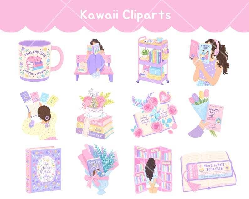 Designed for readers and journal enthusiasts, this collection includes cozy book clipart, cottagecore clipart, and delightful book club clipart. Each bookworm png and book lover png illustration is carefully crafted in a soft pastel style. Use this reading png bundle to create printable stickers, planner pages, and creative projects. These planner accessories png files are especially useful for making reading tracker stickers and book-themed stationery.