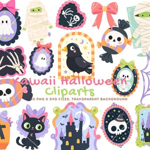 Puede incluir: Una colección de ilustraciones digitales de Halloween que incluye fantasmas en marcos, momias, esqueletos, un cuervo negro, dulces con calaveras, un gato negro, un ataúd, un castillo embrujado y una telaraña con el texto Kawaii Halloween Cliparts.