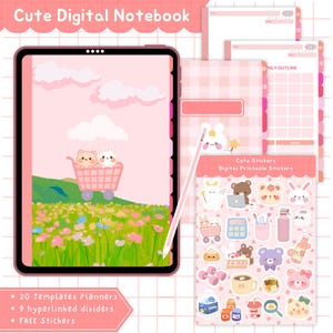 Digital Notebook with tabs, Digital Notebook Goodnotes, Cute Digital Notebook, Cute Digital Planner, Cute Digital Stickers, Kawaii Notebook