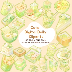 Cute Green-Themed Digital Cliparts Pack, Digital PNG Files with Food & Drink Illustrations | Avocados, Donuts, Printable Stickers Included