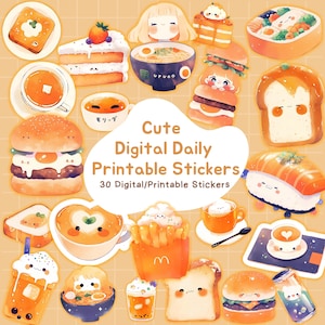 Cute Digital Daily Printable Stickers | Kawaii Food and Drink Stickers for Planners, Journals, and Crafts | Adorable Sticker Collection