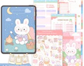 Kawaii Bunny Digital Planner, GoodNotes Cute Hyperlinked PDF Notebook with Templates Dividers Covers & PNG Stickers, Notability iPad Journal