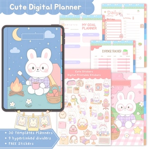 May include: A digital planner with a bunny design. The planner includes templates, dividers, and stickers. The cover features a bunny camping scene with a campfire, marshmallows, and a basket of strawberries. The planner's text reads "Cute Digital Planner".