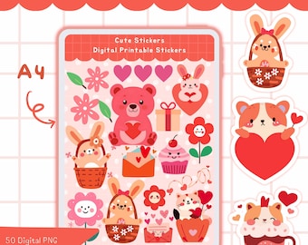 Adesivi digitali stampabili kawaii per San Valentino, simpatici animali, cuori, fiori per agende, diari e lavoretti, collezione di adesivi estetici