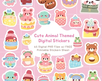 Cute Animal Goodnotes Digital Stickers Kawaii PNG Files Printable Sticker Sheet | Pastel Animal Clipart for Planners & Scrapbooking