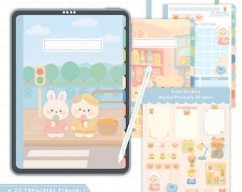 May include: A digital notebook with a cute design, featuring a tablet with a cover illustration of cartoon characters and a street scene. Includes planner templates, dividers, and stickers. The text on the image says "Cute Digital Notebook".
