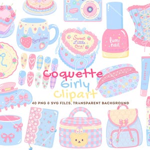 Add a soft feminine touch to your creative projects with this coquette clipart collection featuring adorable coquette PNG, girly clipart, kawaii clipart, and dreamy pastel clipart. Every cute PNG and cute clipart illustration is designed with a charming aesthetic perfect for planners, invitations, stickers, Cricut crafts, scrapbooks, and digital products. These aesthetic PNG illustrations include beautiful pink clipart inspired by the trending coquette style.