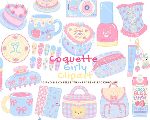 Coquette Clipart Bundle PNG SVG, Kawaii PNG, Pastel Clipart, Girly Clipart, Cute png Bundle, Pink Aesthetic, Cute Objects, Cricut Files
