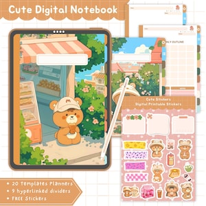 Kawaii Digital Notebook for GoodNotes Cozy Market Bear Theme Planner with Hyperlinked Tabs Free Stickers, Aesthetic Digital Planner for iPad