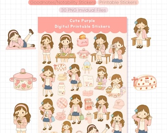 Ensemble d'autocollants numériques mignons pour filles, format PNG imprimable Kawaii pour Goodnotes et Notability | Autocollants esthétiques rose pastel pour agenda, autocollants Kawaii