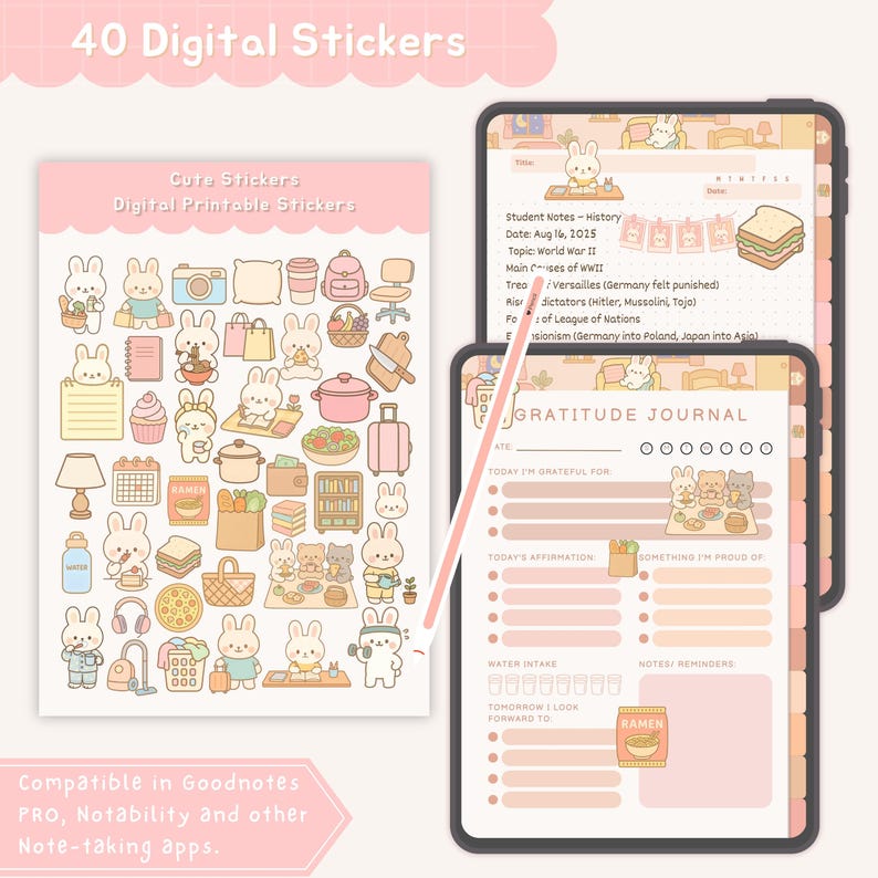 Stay on top of your schedule with this student planner designed for style and function. This productivity planner doubles as an aesthetic planner with pastel tones and cute layouts. Includes versatile GoodNotes templates for daily, weekly, and monthly planning, plus goal setting and note-taking. Paired with matching pastel stationery elements, it’s perfect for students, professionals, and anyone who loves organized and beautiful planning.