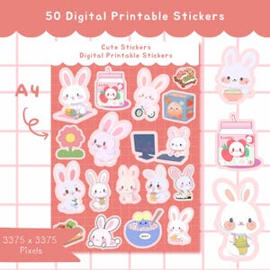 Cute Bunny Digital Printable Stickers, A4 Download | Adorable Bunnies, Food, and Flowers | Instant Download Stickers for Planners & Journals