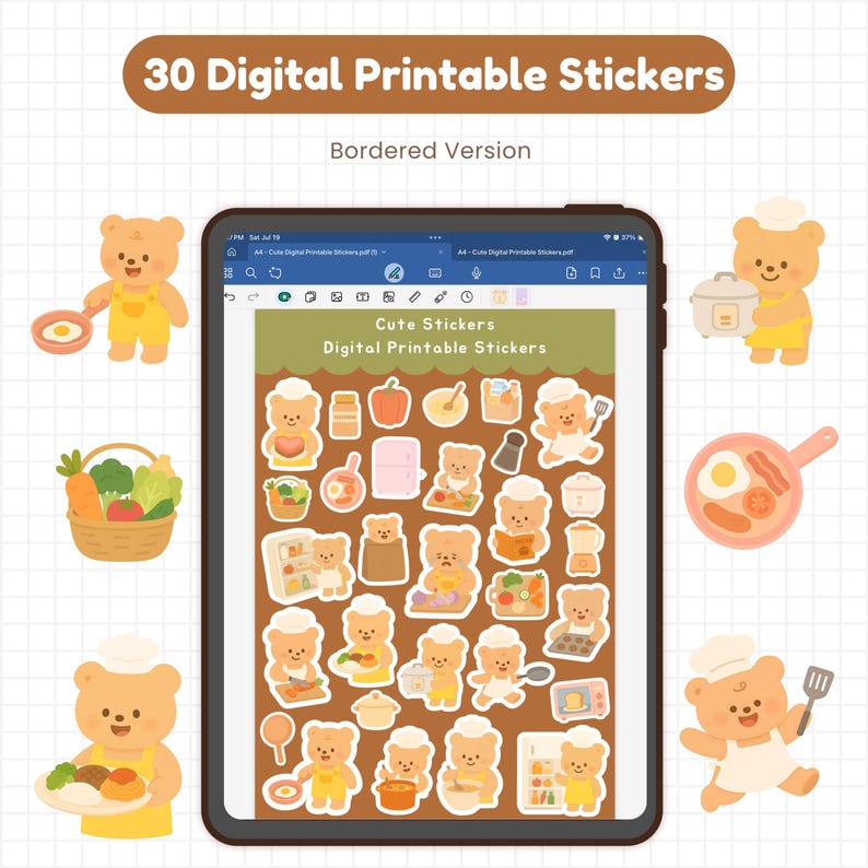 Kawaii Cooking Bear Stickers Digital Stickers PNG Files for Goodnotes ...