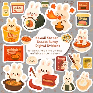 Kawaii Korean Snacks Bunny Digital Stickers Cute Food Clipart Stickers for Goodnotes Notability iPad Planner, Printable PNG Digital Stickers image 4