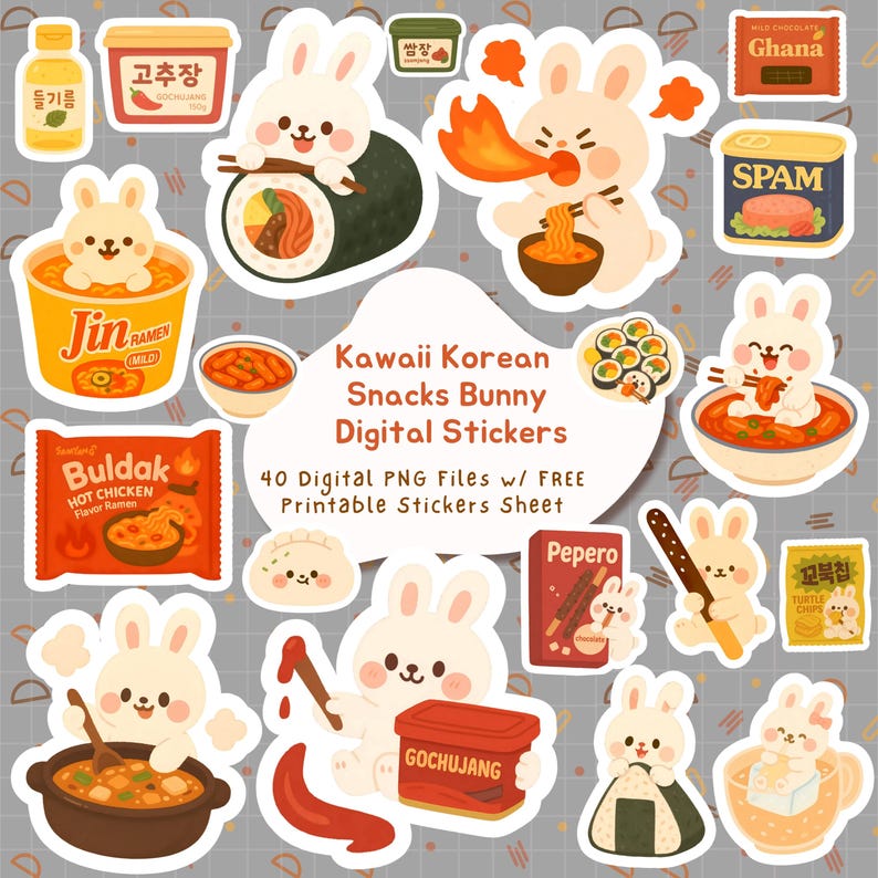 Kawaii Korean Snacks Bunny Digital Stickers Cute Food Clipart Stickers for Goodnotes Notability iPad Planner, Printable PNG Digital Stickers image 4