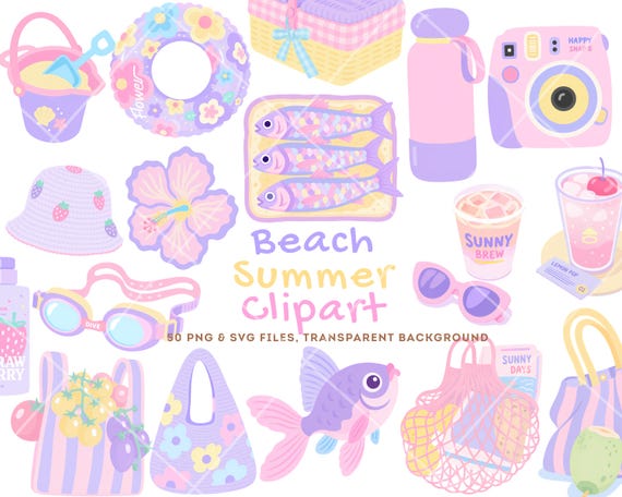 Summer Clipart Bundle PNG SVG, Beach Clipart, Kawaii Clipart, Coastal Clipart, Ocean Clipart, Pastel Clipart, Cute Summer png svg Files