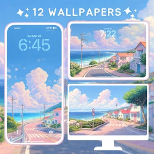 May include: Digital art showing 12 wallpapers with a coastal town scene, including a road, houses, and the sea under a blue sky with clouds. The time is displayed on a phone and tablet screen. The text "12 WALLPAPERS" is at the top.