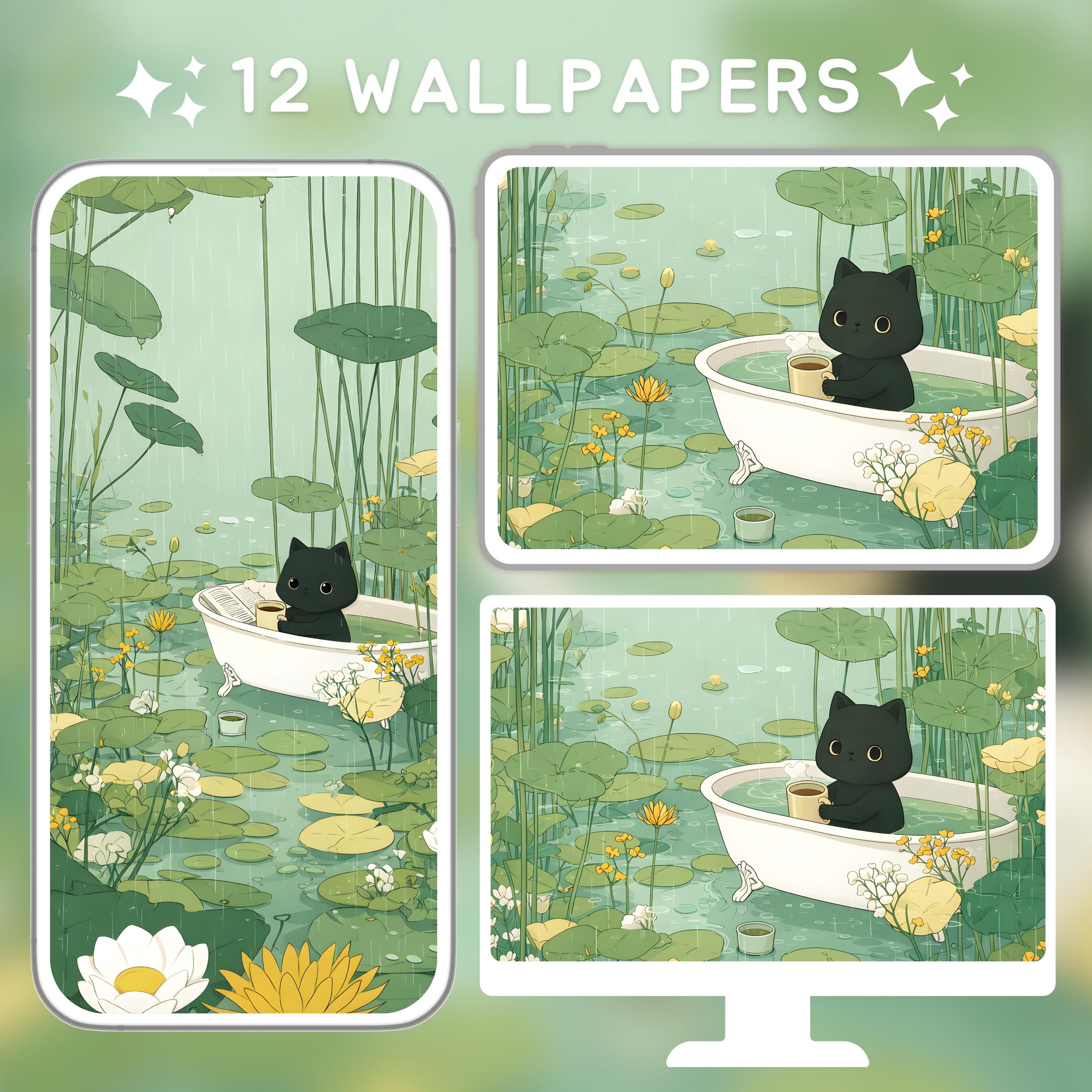 Cozy Black Cat Wallpaper Set | Green Aesthetic Cottagecore Art | Kawaii ...