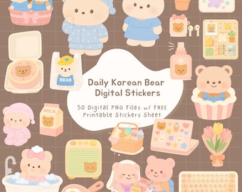 Kawaii Korean Bear Stickers: GoodNotes Planner, Printable PNG (Digital Download)