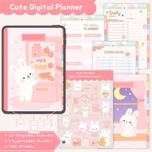 May include: A digital planner with a pink theme, featuring a cute bunny illustration. The planner includes templates, dividers, and stickers. The image also shows a daily planner, expense tracker, and goal planner.