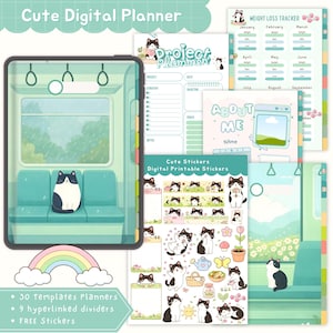 May include: Digital planner featuring a cute cat theme. The image shows a tablet with a train car design, a rainbow, and various planner pages with cat illustrations. Includes templates, dividers, and stickers for digital planning.