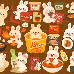 Kawaii Korean Snacks Bunny Digital Stickers Cute Food Clipart Stickers for Goodnotes Notability iPad Planner, Printable PNG Digital Stickers image 1