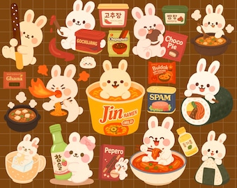 Kawaii Korean Snacks Bunny Digital Stickers Cute Food Clipart Stickers for Goodnotes Notability iPad Planner, Printable PNG Digital Stickers