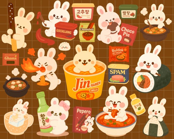 Kawaii Korean Snacks Bunny Digital Stickers Cute Food Clipart Stickers for Goodnotes Notability iPad Planner, Printable PNG Digital Stickers