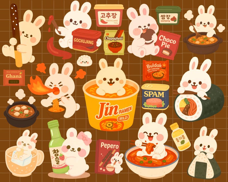 Kawaii Korean Snacks Bunny Digital Stickers Cute Food Clipart Stickers for Goodnotes Notability iPad Planner, Printable PNG Digital Stickers image 1