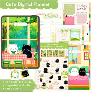 May include: A digital planner with a cute cat theme. The planner includes templates, dividers, and stickers. The image shows a tablet with a cat illustration, project planner pages, to-do lists, and sticker sheets. The text on the image says "Cute Digital Planner".